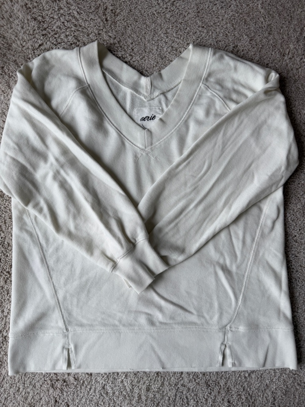 aerie Cream V-Neck Pullover Sweatshirt
